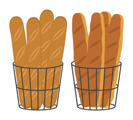 Loaves and baguettes in black metal baskets. Isolated on a white background. Vector illustration.
