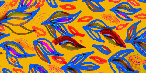 Blue Leaf Illustration. Orange Forest Paper.