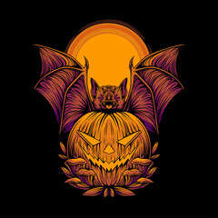 creepy halloween pumpkin and bats illustration