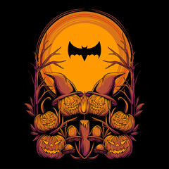 creepy haloween pumpkins gather around a candle with a full moon background