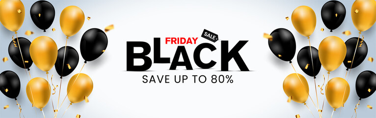 Black Friday banner with golden, black balloon and confetti banner for unique selling advertisement.  © Tajuddin