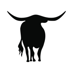 Vector silhouette of a bull with long horns, drawing of a bull that stands. The bull as a symbol of 2021. Bull logo. Farm animal, cattle.