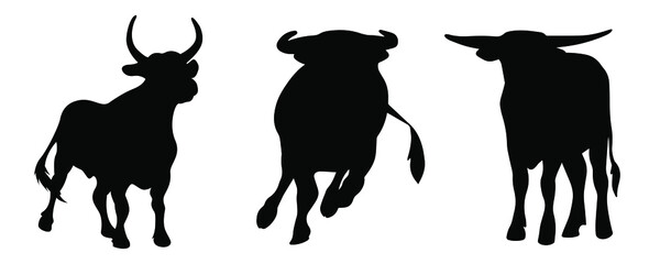 A set of vector illustrations of bulls in different poses. Silhouette of a powerful bull with horns. Animal as a symbol of 2021. Image of livestock, wild bulls and buffaloes.