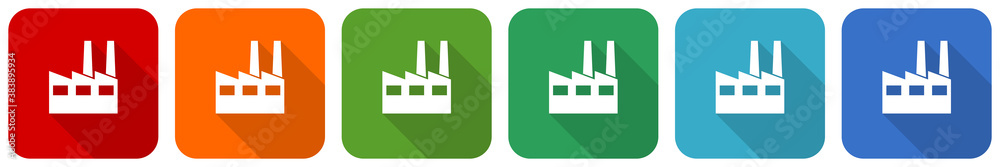 Poster factory, industrial building icon set, flat design vector illustration in 6 colors options for webde