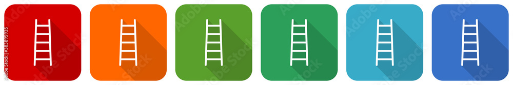 Poster ladder, step, climb, tool, level icon set, flat design vector illustration in 6 colors options for w