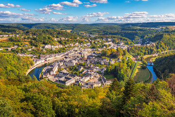 High angle view on the Village of Bouillon and the surrounding Semois river in the Luxembourg...