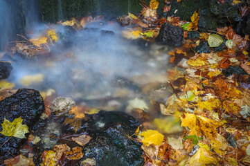 Bright yellow leaves on the background of a waterfall. Stones, autumn leaves and water. Relax picture.