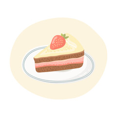 Strawberry cake vector illustration. Dessert food, slice of cake on plate