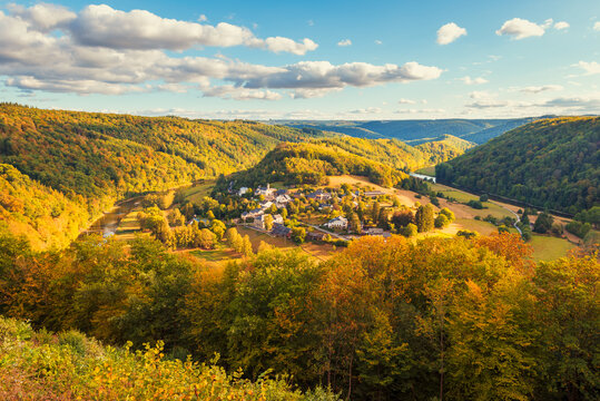High angle view on the Village of Frahan in the Luxembourg Province and Ardennes Region of Wallonia Belgium