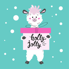 Christmas llama holds boxes with a gift and the inscription holly jolly. New Year card