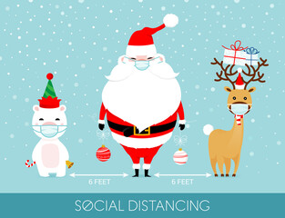 COVID-19 and social distancing infographic with cute Christmas cartoon character. Santa Claus, white bear and reindeer with surgical mask in flat style. Corona virus protection