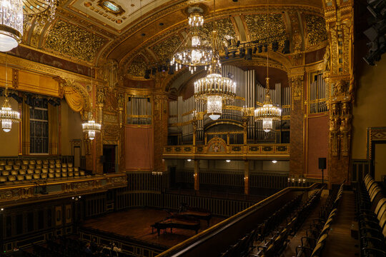 BUDAPEST, HUNGARY - October 7, 2020: The organ of The Liszt Zenekademia (Academy of Music). It is a concert hall and music conservatory in Budapest, Hungary, founded on November 14, 1875. 