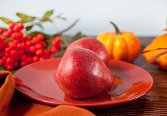 Freshly picked red pears on the orange plate. Autumn harvest concept.