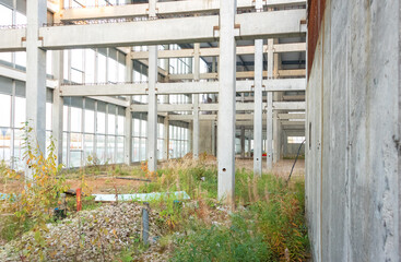 Stopped construction of a shopping center. View inside the building. The construction site is overgrown with grass.
