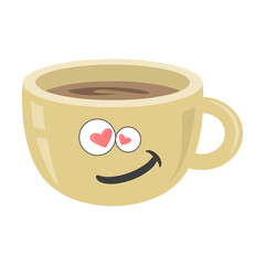 Coffee cup on white isolated background. Espresso. Black coffee icon. Vector. Funny cup with a smile and hearts.