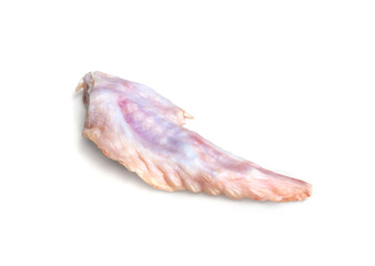Raw chicken wing tip, human-grade. Concept for raw food diet, prey model raw (PMR) or BARF for cats, dogs and pets. Isolated on white.