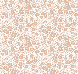 Cute floral pattern in the small flower. Seamless vector texture. Elegant template for fashion prints. Printing with small begie flowers. White background.
