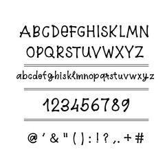 Hand drawn font with numbers and punctuation