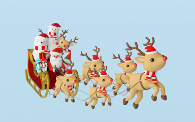 Fototapeta premium Merry Christmas and Happy New Year, Santa Claus and friend in a sleigh pulled by reindeer, 3d rendering