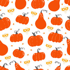 Halloween seamless pattern with skulls, pumpkins and spiderweb