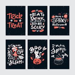 Halloween greeting cards set with handwritten lettering and traditional symbols