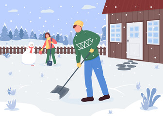 People cleaning snow outside the house flat color vector illustration. Outside activity. Creating snowman. Lovely couple 2D cartoon characters with forest covered with snow on background
