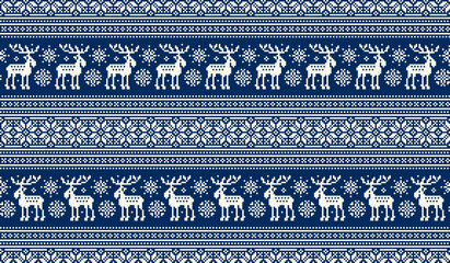 Christmas Pixel Pattern Elks. Traditional Nordic Seamless Striped Ornament. Scheme for Knitted Sweater Pattern Design or Cross Stitch Embroidery.