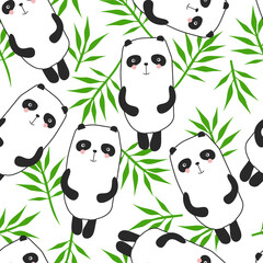Pandas, leaves, hand drawn backdrop. Colorful seamless pattern with animals. Decorative cute wallpaper, good for printing. Overlapping background vector. Design illustration