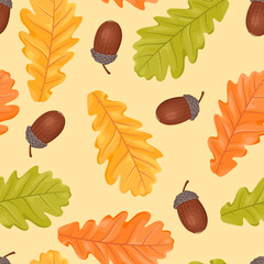 Acorns and autumn oak leaves seamless pattern. Leaf fall background. Vector illustration in cartoon flat style