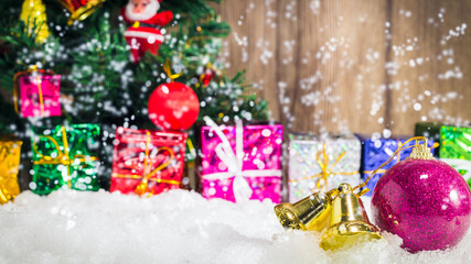 Christmas tree decorated background with snow, Christmas and New Year holidays.