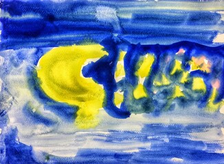 Blue and Yellow abstract watercolor hand painted background