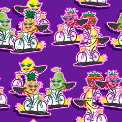 Obraz na płótnie Canvas seamless cartoon fruit pattern riding a Halloween bike on purple background. Vector image