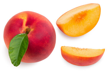 peach fruit with green leaf and slices isolated on white background. top view