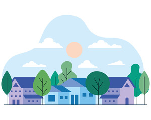 city houses with trees sun and clouds vector design