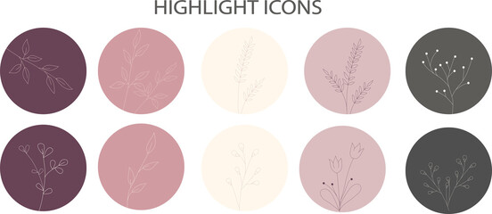 Set of vector abstract backgrounds with doodle branch. Suitable for social media stories, highlights. Doodle style. Instagram circle flyer.