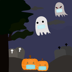 Illustrator vector of Halloween night with ghost wearing facial mask to protect covid19