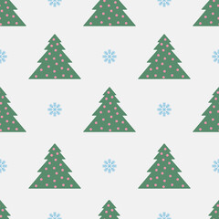 The seamless pattern with the green Christmas trees and the blue snowflakes is on the silver background.