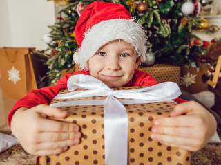 Little cute boy in santa hat hugs christmas present near christmas tree.