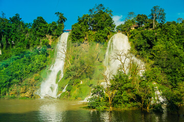Dai Yem waterfall and red heart bridge. This is a nice waterfall in Moc Chau, Son La province, Vietnam.