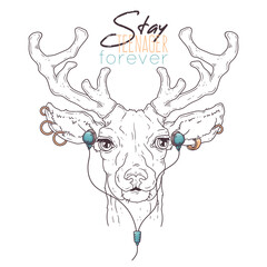 Hand drawn portrait of deer in accessories Vector.