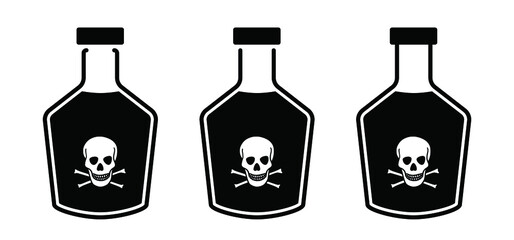 Skull Danger Icons. Glass poison bottle Icon. Poisons Medicine sign. medicine bottle. Flat vector skulls. Pirates skull and crossbones. Venom bottles, container. Halloween concept.