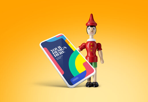 Wood Doll with Smartphone Mockup