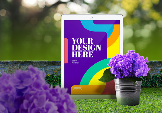 Tablet Mockup with Hydrangea Pot Nature