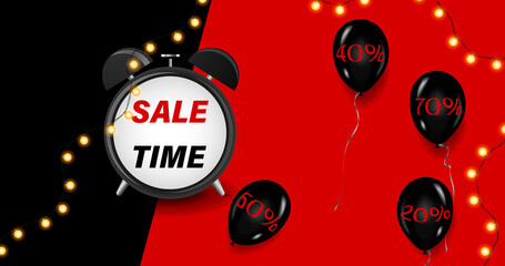 Sale time and shopping concept.Red and black banner with alarm clock, garlands and balloons with 20-70% discounts.
Limited time.End of Season.
Stock vector illustration
