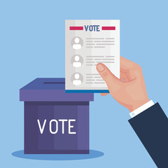election day hand holding vote presidents paper and box vector design