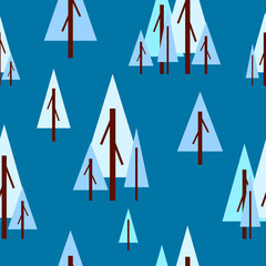 Seamless pattern with winter blue fir-trees. Blue background. Cartoon flat style. Garden or forest. Nature and ecology. Merry Christmas. Postcards, wallpaper, textile, scrapbooking and wrapping paper