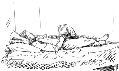 Man lying in bed at home using laptop, Vector drawing of working from home concept. Hand drawn illustration Black sketch on white background