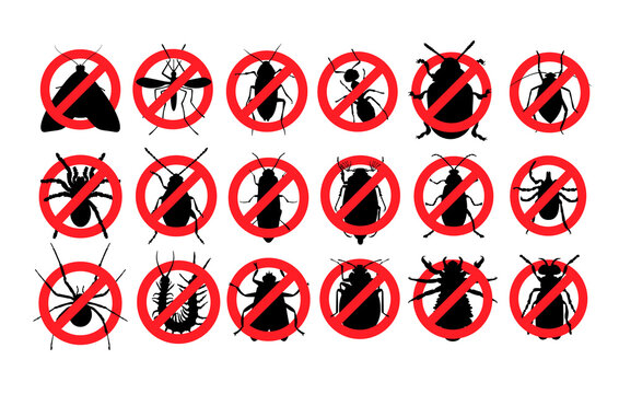 No Insects, Ban Parasites, Stop Pest. 15 Pests. Ban Logo Vector
