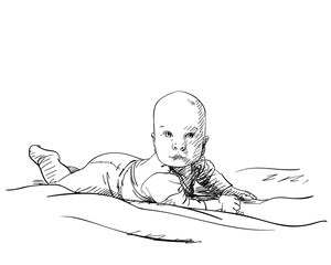 Small baby boy lying on stomach in bed and raising his head and looking ahead with interest, Vector drawing, Hand drawn illustration. Black ink sketch on white