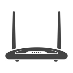 Wifi router with antennas bold black silhouette icon isolated on white. Wireless computer technology.